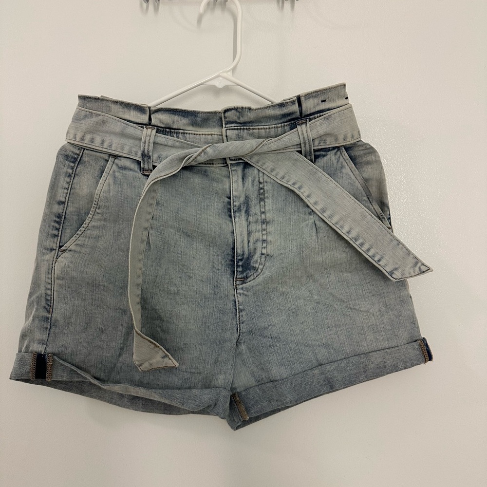 Express High Waist Gray Denim Shorts with Tie Belt